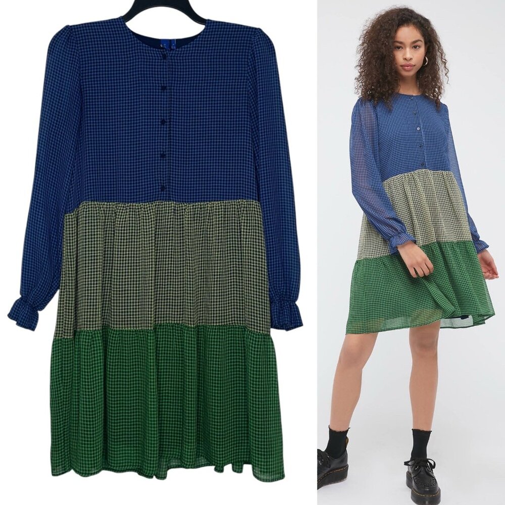 Resume Colorblock Gingham Dress 40 M/L Tiered Long Sleeve Cottagecore Prairie